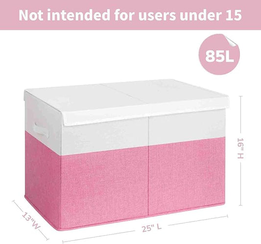 INDRESSME 25"x13"x16" Large Toy Storage Box with Lid, Collapsible Storage Organizer Baby Toy Storage for Kids Boys Girls, Toy Bin Organizer for Nursery, Bedroom, Living Room (Pink & White)