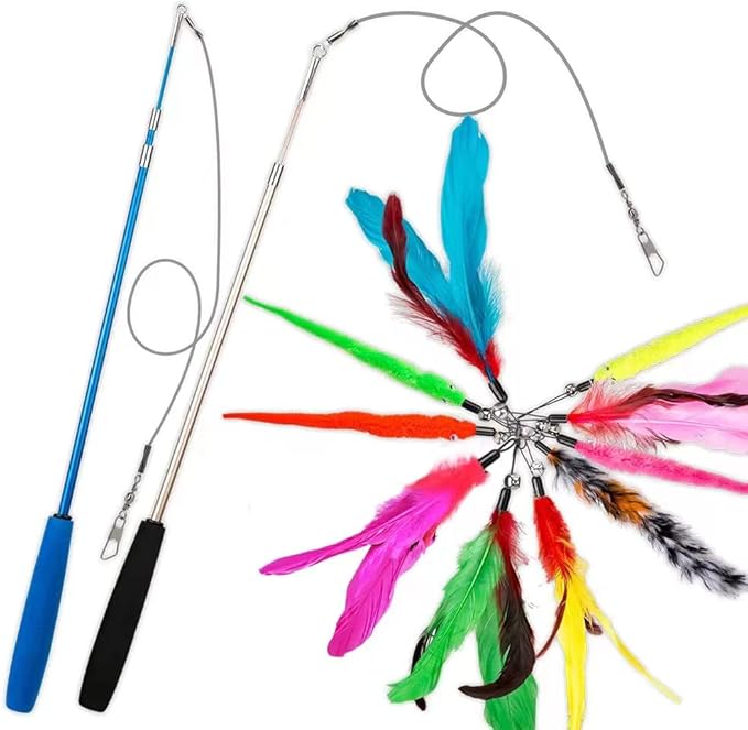JIARON Cat Toys Feather Toy, 2PCS Retractable Wand and 10PCS Replacement Teaser with Bell Refills, Interactive Catcher and Funny Exercise for Kitten.