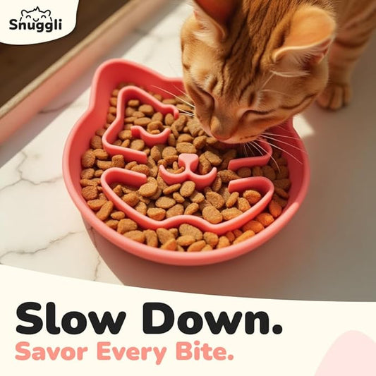 Snuggli Slow Feeder Cat Bowl | Cat Puzzle Feeder for Slow Eating, Mental Enrichment, Digestion, & Bloat Relief | Non-Slip Silicone, Dishwasher Safe, 1 Cup (Coral)