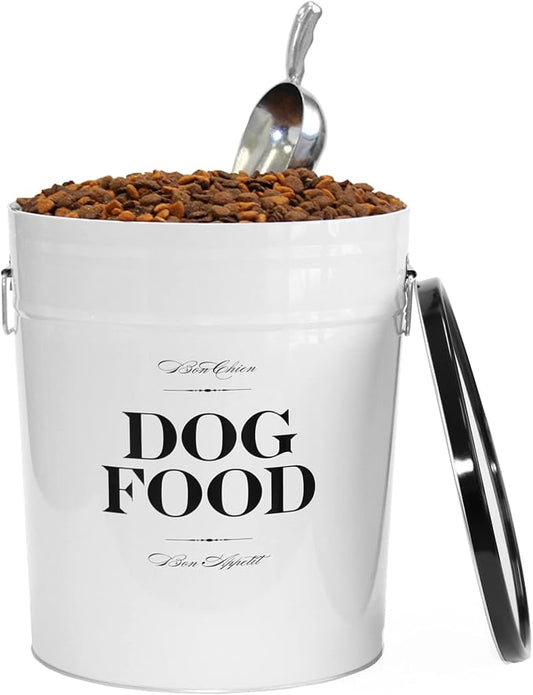 Harry Barker Bon Chien Dog Food Storage Canister – Medium 6.5 gallons, Airtight Stainless Steel Pet Food Container, Stylish Kitchen Counter Dog Kibble Storage with Easy-Open Lid - White