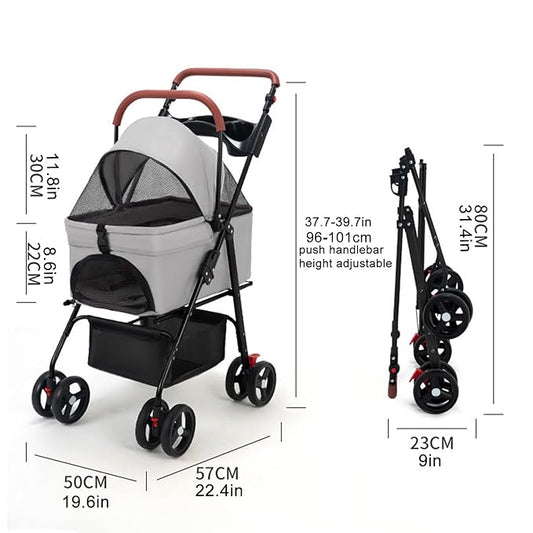 4 Wheels Pet Stroller for Medium Small Dog up to 50lbs, Folding Dog Stroller, 4 Wheels Cat Strollers, Travel Carrier, with Adjustable Handle, Detachable Pet Basket, Breathable Mesh (1 Set)