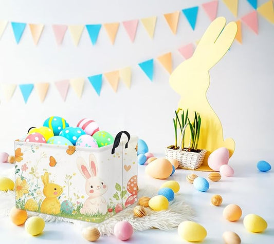 HIYAGON Rectangular Easter Gift Basket Kids Storage Basket for Boys Bunny Room Decor Cute Toy Storage Organizer Bins Bedroom(Colorful Easter Bunny)