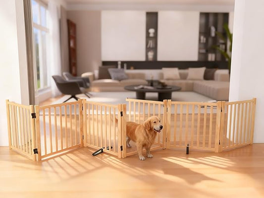 YOCAN Paint-Free Wooden Freestanding Dog Gates with Door for The House,Doorways, Stairs,Wood Dog Fences Indoor Pet Gate,Step Over Fence-8 Panel