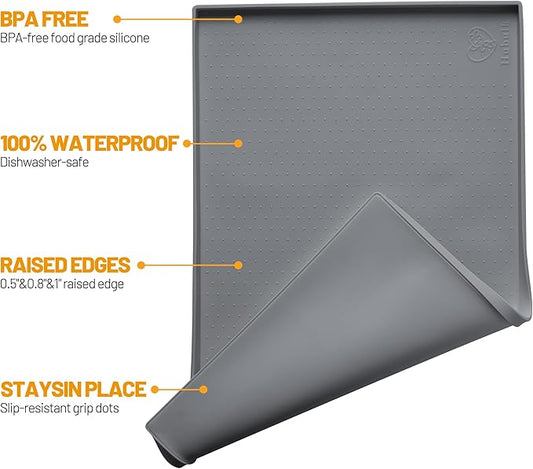 Hubulk Dog Feeding Mat,100% Waterproof Food Grade Silicone Pet Food and Water Bowl Placemat,Dishwasher, High Raised Edge to Prevent Spills,Nonslip Tray to Stop Messes on Floor(28"x18"x0.8", Grey)