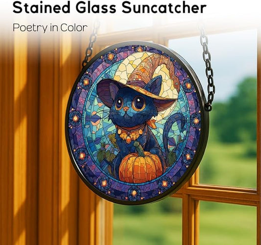 Stained Glass Window Hanging, Black Cat & Birds 11.8in Sun Catchers Indoor Window, Core Decor Inside and Outside The Cottage, Fall Autumn Leaves Decor, Gifts for Women, Home Decor