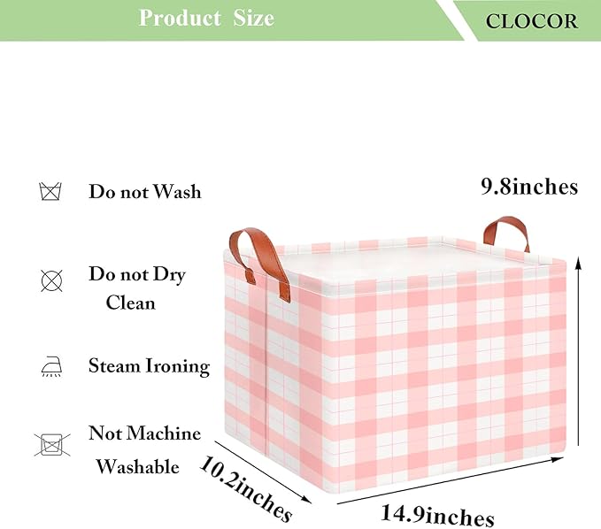 CLOCOR Rectangular Storage Basket,Collapsible Cute Pattern Storage Bin,Waterproof Books Box with Handles,Gift Basket(Pink Grid)
