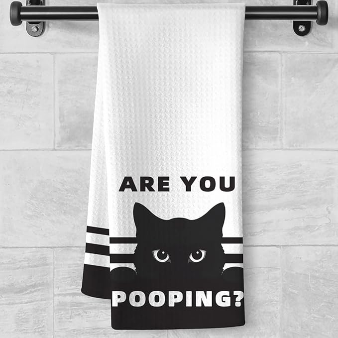 Humorous Bathroom Hand Towel with Playful Feline Art - Quirky Black Cat Decor & Funny 'Are You Pooping' Inspired Design, Decorative Bath Towel for Cat Lovers, Unique Gifts for Women Who Love Cats