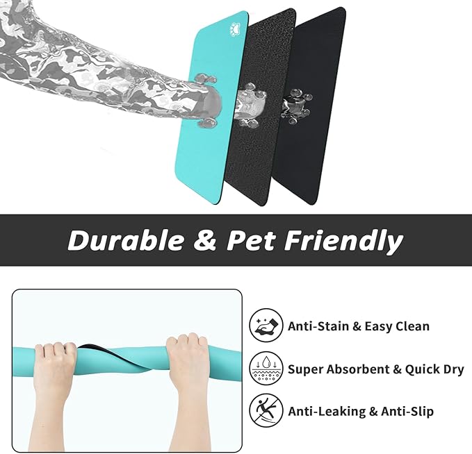 Dog Food Mat - Absorbent Cat Mat for Food and Water, No Stains Pet Feeding Bowl Mat, Easy to Clean Pet Placemats, Quick Dry Dog Water Dispenser Mat for Messy Drinkers | Paw Teal 12"x 19"