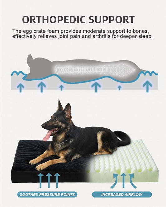 KSIIA Orthopedic Dog Bed Crate Waterproof Pet Mats for Extra Large Dogs Deluxe Plush Washable Pet Bed with Egg Crate Foam & Removable Cover, 47 x 29 Inch, Black