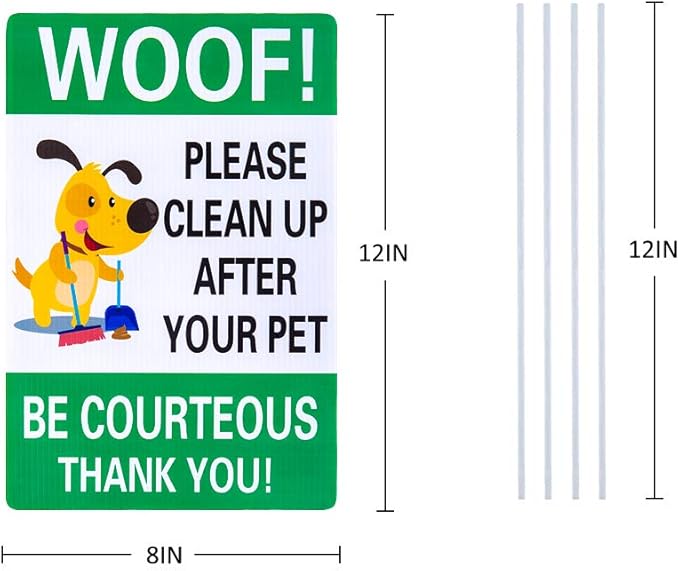 WaaHome Pack of 2 Double Sided Woof Please Clean Up After Your Pet Yard Signs with Stakes, 8"X12" Funny No Poop Pee Dog Yard Sign Lawn Sign