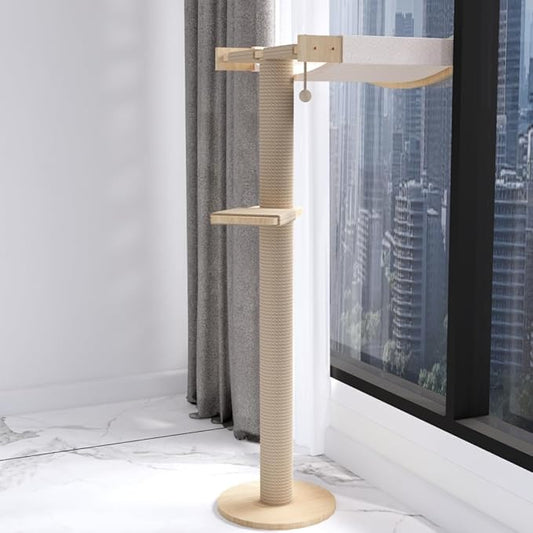 Cat Window Perch with Scratching Post Strong Supported - Large Hammock Bed for Cats Inside - Solid Wood Seat, Soft Cushion - Rustic Indoor Cat Tree Shelf for Sunbathing (Natural, Large 2)