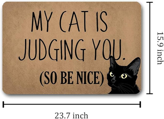 Funny Welcome Doormat (23.7 in X 15.6 in) Anti-Slip Rubber Back Entrance Way Indoor Front Porch Decor Rugs House Warming Gift (My Cat is Judging You So Please Be Nice Peeking Cats)