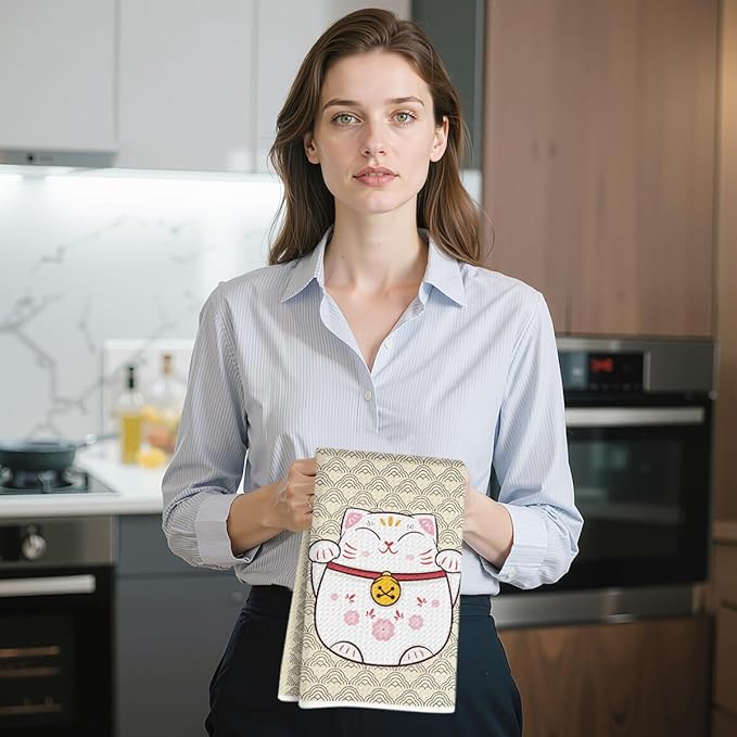 2 Pcs Cute Cat Kitchen Towels 14x24 Inch, Adorable Cats Waffle Hand Towels for Kitchen Home Farmhouse, Cat Lover Gifts for Cleaning Drying Wiping Tasks Dish Cloth Tea Towel Housewarming Gifts