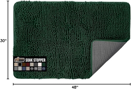 GORILLA GRIP SoakSTOPPER Dog Door Mat, 48x30 Machine Washable Rug Absorbent Doormat Captures Moisture Mud Dirt, Quick Dry Soft Chenille Entryway Rugs Indoor Entrance Mats for Dog Paws, Deep Green