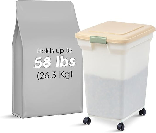 IRIS USA Dog Food Storage Container 58 lbs, Attachable Wheels, for Dog Cat Birds and other Pets, Food Storage Bin, Keep Fresh, Easy Mobility, BPA Free - Made in the USA, Almond/Pearl