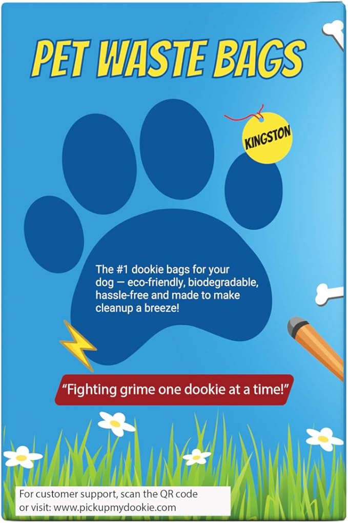 Pick Up My Dookie Pet Waste Bags, Blue Box with Cartoon Design, 90 Bags, 6 Rolls, Standard 9x13 Inch Size