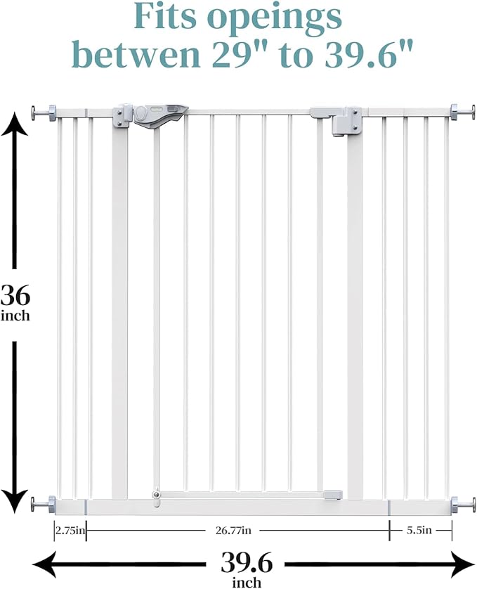 InnoTruth 29-39.6”Baby Gate for Stairs,36" Extra Tall Dog Gate for The House,Dual-Lock Safety and One Hand Opening Design,Kid Gate for Doorways,Kitchen,Room,Wall-Friendly Pressure Mounted, Pure White