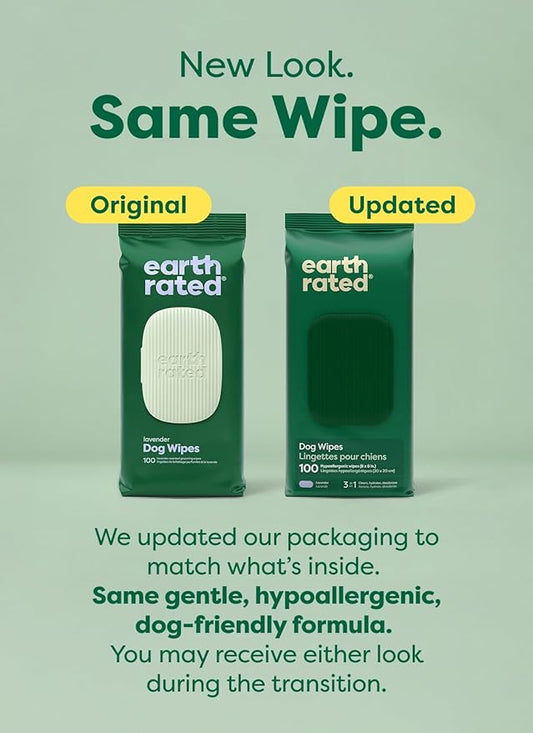 Earth Rated Dog Wipes, Hypoallergenic, 3-in-1 Cleaning and Hydrating, for Grooming Paws, Body and Butt, Lavender Scented, 100 Count