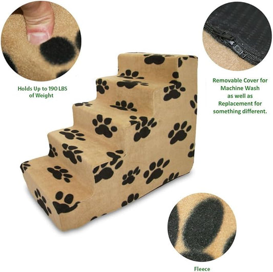 Best Pet Supplies Dog Stairs & Steps - Foam Steps for Small Dogs & Cats, Non-Slip Indoor Balanced Pet Step Support, Dog Ramp, No Assembly, Paw Print on Beige, 5-Step (22.5-inch Height)