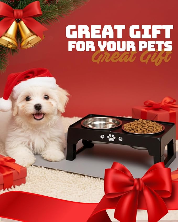 Elevated Dog Bowls with Mat for Small Dogs and Cats, Dog Feeder with 2 Thick 5.5" Stainless Steel Dishes, Non-Slip 2 Heights Adjustable to 2.6"-5.3"