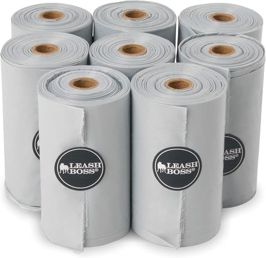 Leash Boss Dog Poop Bags - 120 Bags, 8 Rolls Unscented Leak Proof Waste Bag Rolls (Gray, 8 Rolls)