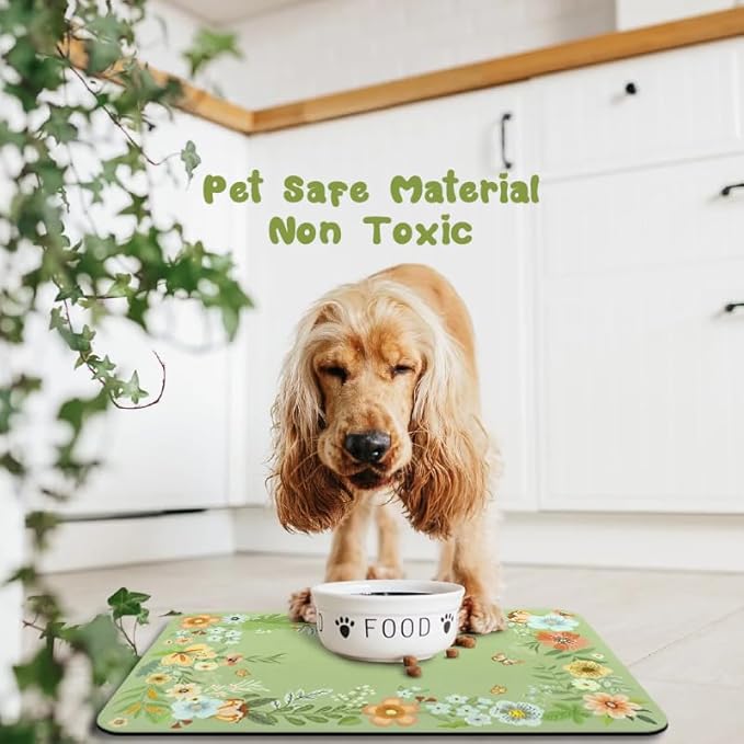 Dog Food Mats for Floors Waterproof, Pet Water Bowl Mats Pet Feeding Absorbent Placemats Flower 16 * 24 inch