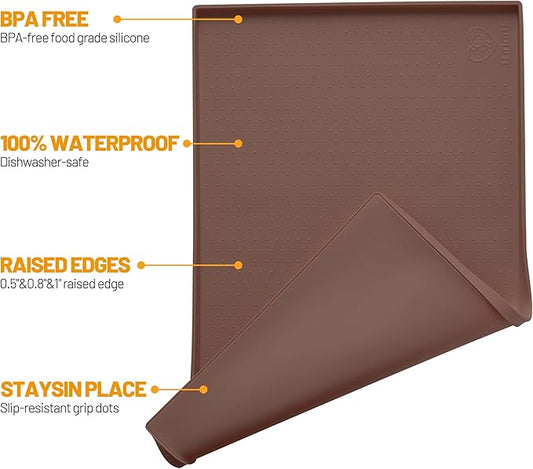 Hubulk Dog Feeding Mat,100% Waterproof Food Grade Silicone Pet Food and Water Bowl Placemat,Dishwasher, High Raised Edge to Prevent Spills,Nonslip Tray to Stop Messes on Floor(32"x24"x1.0", Brown)