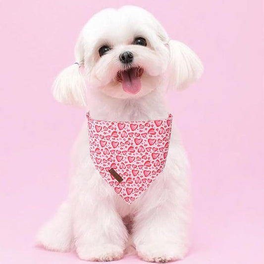 Valentine Triangle Pink Heart Bandana, Cotton Kerchief for Small to Medium Dogs or Cats, Adorable Puppy or Boy Dog Scarf