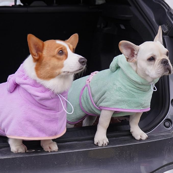 Dog Drying Coat with Hood, Adjustable Soft Wrap Bathrobe with Buckle, Super Absorbent Fast Drying Tower for Small, Medium, Large Dog Cats (X-Small, Green)