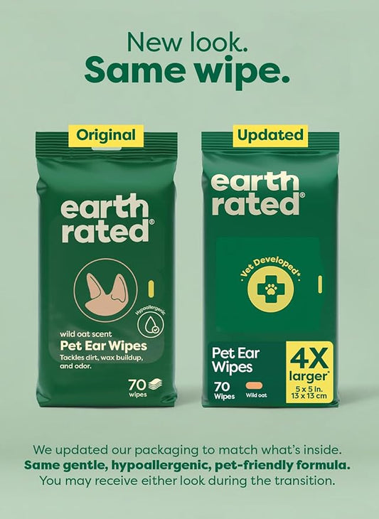 Earth Rated Dog Ear Wipes, Vet-Developed Pet Ear Wipes for Dogs & Cats, Hypoallergenic Cleaner to Remove Dirt and Wax, Wild Oat Scent, 70 Count