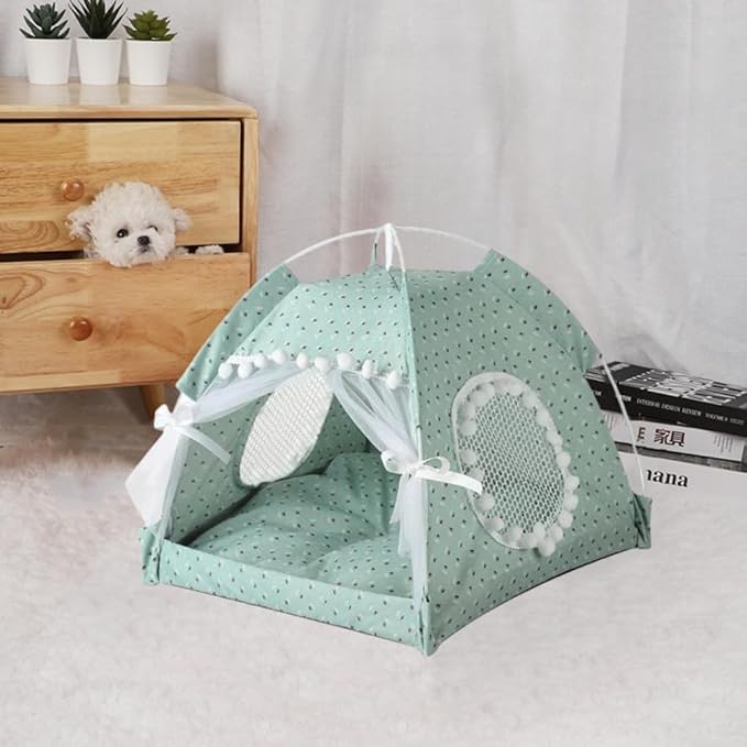 Cat Bed Tents Dog House Indoor Outdoor Lace Mesh Breathable Windows Door Curtains Removable Portable Nest Teepe House (Medium,Mint&White)