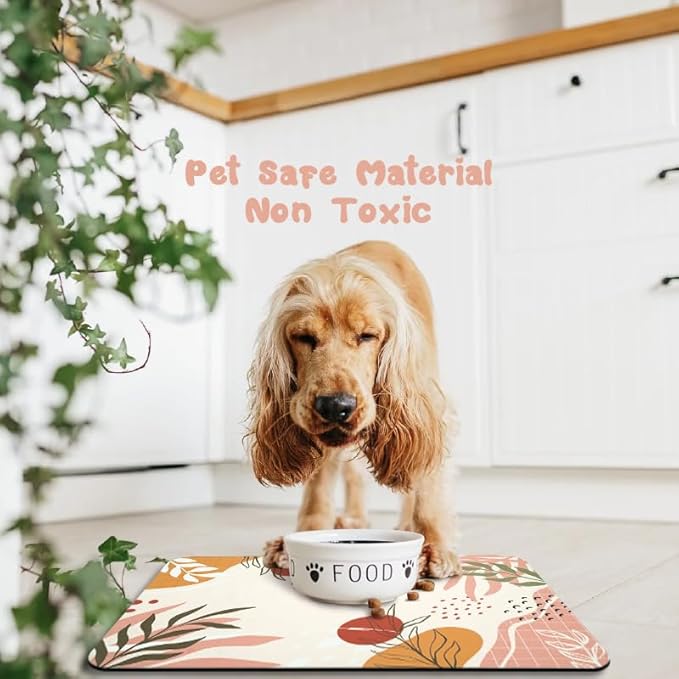 Dog Food Mats for Floors Waterproof, Pet Water Bowl Mats Pet Feeding Absorbent Placemats Bohemia Tropical Leaves 17 * 30 inch