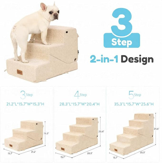 3-Step Dog Stair and Ramp for Small Dogs and Cats, Pet Steps for Sofa and Couch with Non-Slip Bottom, Beige