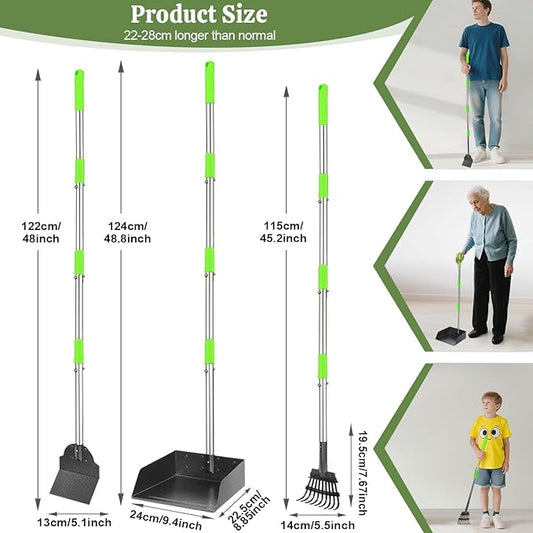T2Y 48.8" Extra Long Handle Dog Pooper Scooper 3-Piece Set, Heavy Duty Metal Poop Rake, Tray and Spade for Large Dogs, Stainless Steel Pet Waste Remover & Garden Scoop for Yard/Grass/Dirt/Gravel