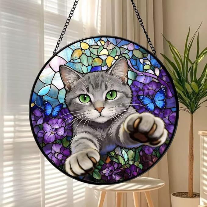 Stained Glass Window Hanging Cat Suncatcher with Butterfly Design, Round Window Hanging Decor, Colorful Sun Catcher for Home, Garden & Gifts for Cat Lovers
