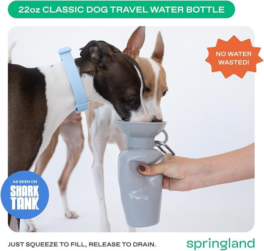 Springer Dog Water Bottle | Portable Travel Water Bottle Dispenser for Dogs - As Seen on Shark Tank | Patented, Leak-Proof Bottles Fill Bowl with Water - Ideal for Walking | BPA-Free 22oz Gray