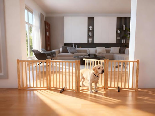 YOCAN Paint-Free Wooden Freestanding Dog Gates with Door for The House,Doorways, Stairs,Wood Dog Fences Indoor Pet Gate,Step Over Fence-4 Panel