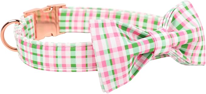 Maca Bates Plaid Dog Collar with Fancy Bow Tie,Cherry Pink Green Gingham Pattern for Extra Large Girl Boy Dogs,Adjustable Durable Soft Collars Irish Gift for Male Female Puppy