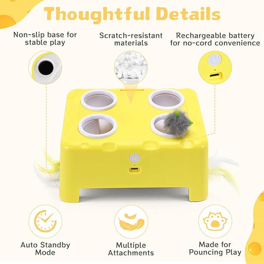Cheese Box Interactive Cat Toy for Indoor Cats, 3-in-1 Whack a Mole Feather Toy, 3 Modes Rechargeable Auto Cat Toys for Bored Cats, 4 Holes Kitten Toy, 4 Accessories (Yellow)