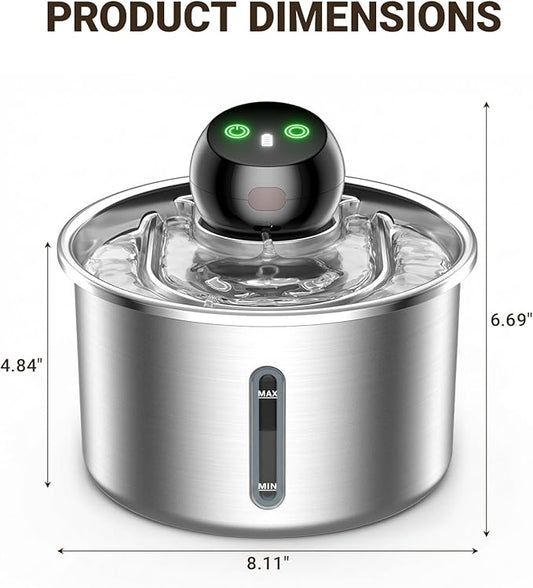 Cordless Cat Water Fountain 3L / 101oz, Stainless Steel Battery Operated Pet Fountain with 5000mAh Battery, Ultra Quiet, 3 Modes, 4 Filters, Helps Reduce Refills & Encourage Drinking
