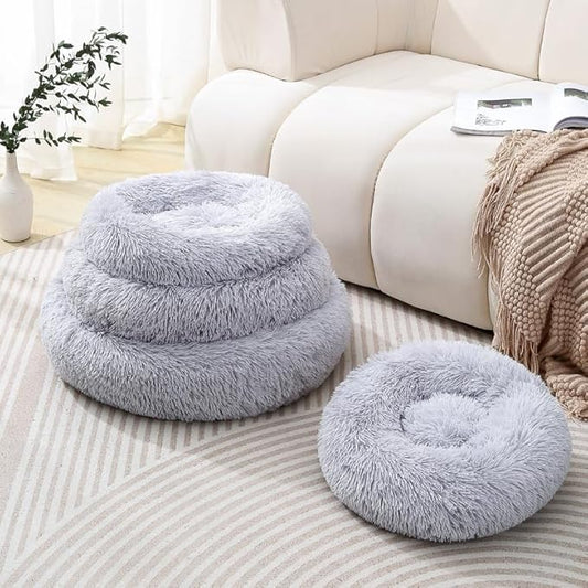 Fluffy Donut Cat Bed for Indoor Cats Kitten Bed Bunny Pillow Small Round Plush Calming Dog Bed Warm Cozy Pet Cushion for Cats Dogs Rabbits Under 3kg