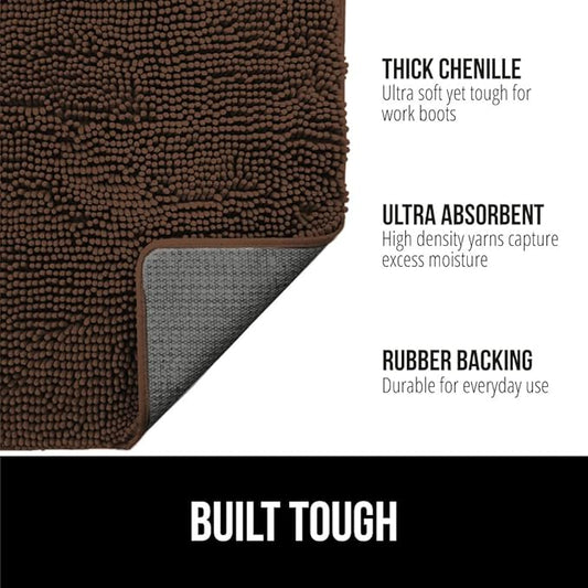 GORILLA GRIP SoakSTOPPER Dog Door Mat, 30x20 Machine Washable Rug Absorbent Doormat Captures Moisture Mud Dirt, Quick Dry Soft Chenille Entryway Rugs Indoor Entrance Mats for Dog Paws, Brown