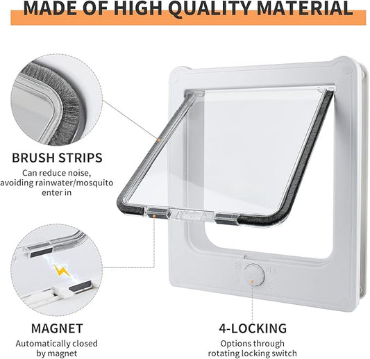 Large Cat Door for Interior Door (Outer Size 10.8"x9.25") 4-Way Locking Cat Door for Exterior Door White Cat Flap Up to 25lb