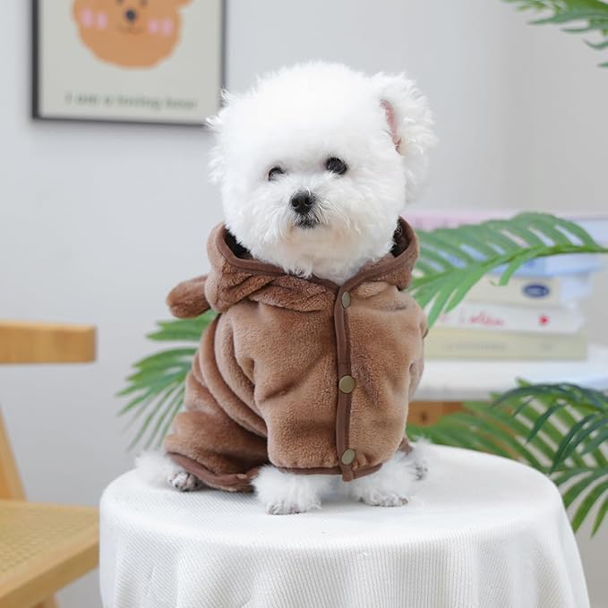 Dog Bathrobe with Hood Super Absorbent Soft Quick Drying Towel Wrap Adjustable Puppy Cat Bath Robe Towel for Cold Weather Beach Pool (Dark Brown Bear, Medium)