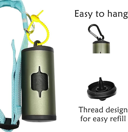 Aluminum Dog Poop Bags Holder with Carabiner Metal Pet Waste Bags Dispenser with Hook and Loop Fastener and Elastic Cord to Carry Used Bags (Olive Green)