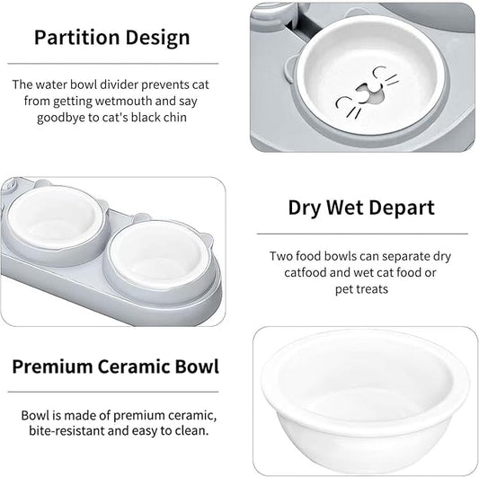 Marchul 3-in-1 Cat Bowl, Ceramic Food and Water Bowl Set, 15° Sloped Design, for Indoor Cats, Small Dogs, and Medium Dogs