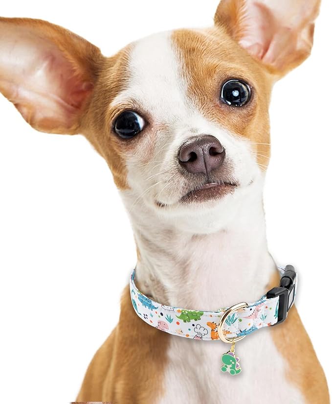 Faygarsle White Dinosaurs Print Cotton Dog Collar for Small, Medium, Large Boys Girls Dogs M
