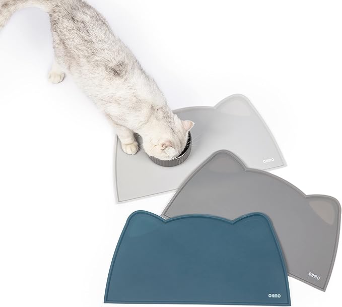 OHMO - Cat Food Mat, Silicone Pet Feeding Mat for Floor Non-Skid Waterproof Dog Water Bowl Tray, Easy to Clean Pet Placemat (Ash Light Grey, 18 * 9.8'')