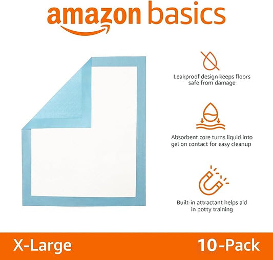 Amazon Basics Heavy Duty Absorbent Dog and Puppy Pee Pads with 5-Layer Leak-Proof Design and Quick-Dry Surface for Potty Training, X-Large, 34 x 28 Inches, Blue & White, 10-Count