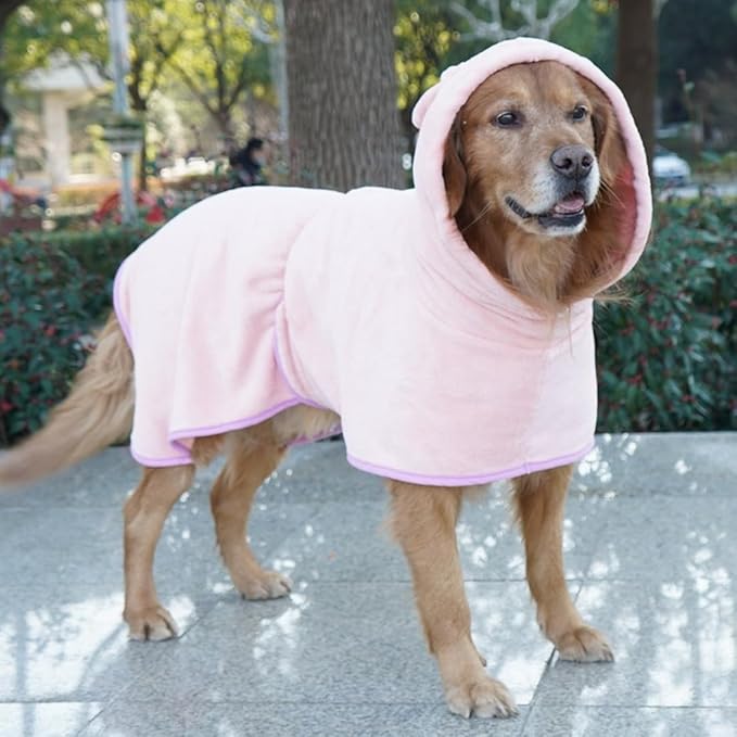 Dog Drying Coat with Hood, Adjustable Soft Wrap Bathrobe with Buckle, Super Absorbent Fast Drying Tower for Small, Medium, Large Dog Cats (Medium, Pink)